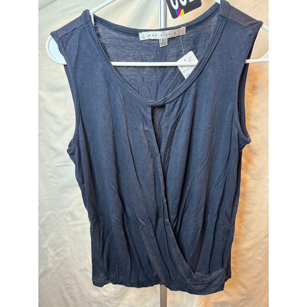 233 Max Studio Navy Blue Draped Surplice Keyhole Sleeveless Top 4712T37 S